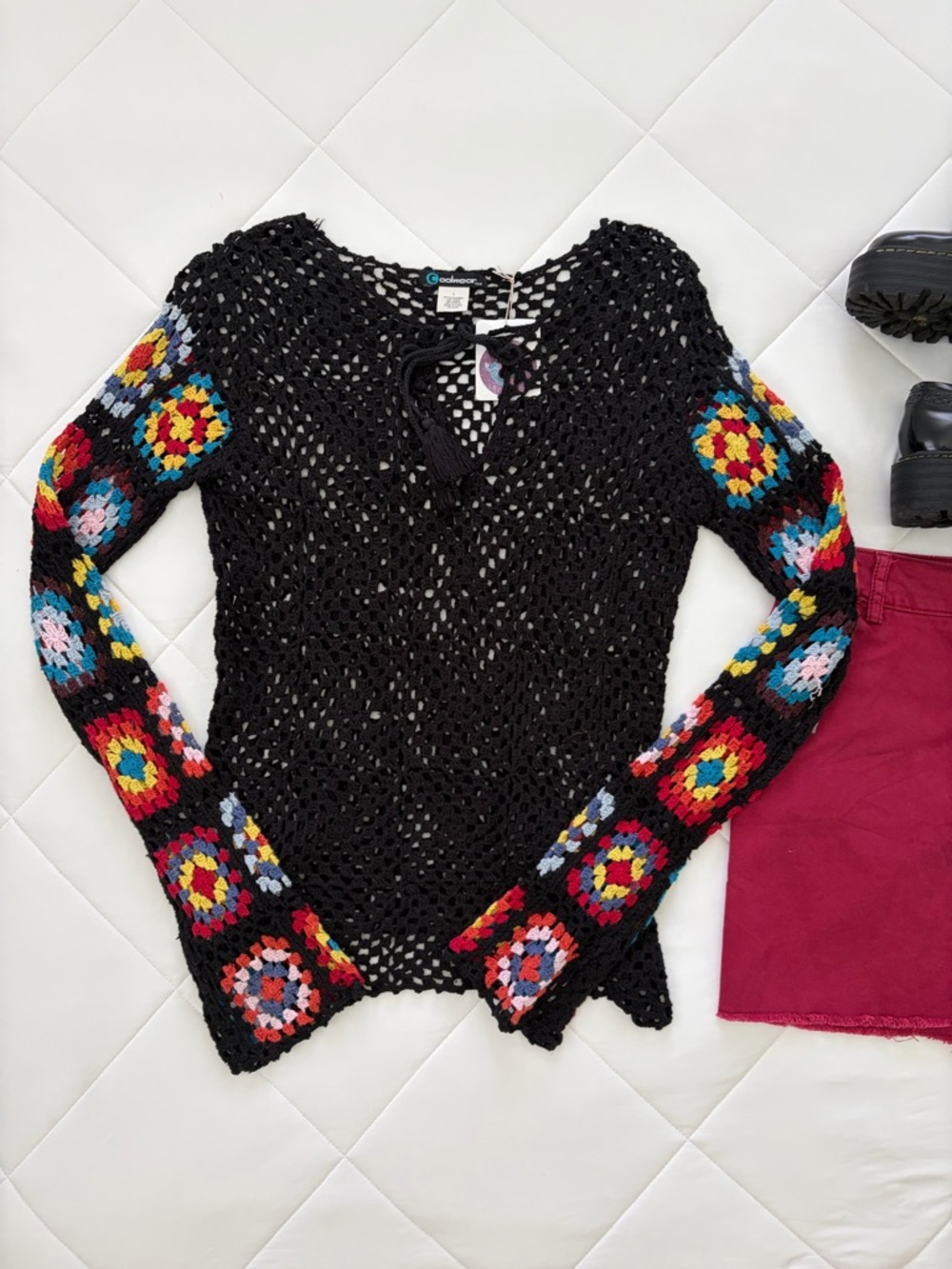 Black Crochet V-Neck Sweater with Multicolor Floral Sleeves
